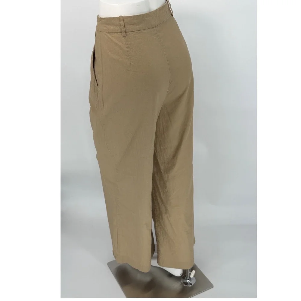 Zara Tan Khaki Linen High Waist‎ Pleated Wide Leg Trousers  XL Resortwear 102-57
